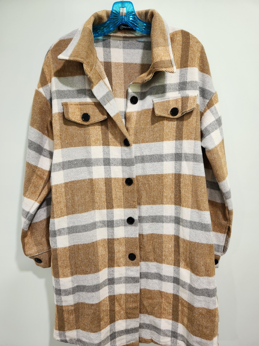 Checked Utility Shacket Jacket in Camel, White & Gray